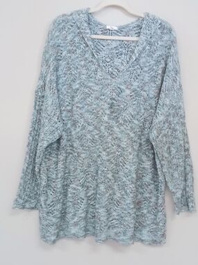J. Jill 3X Blue Gradient Open Knit V Neck Hooded Lightweight Pullover Sweater